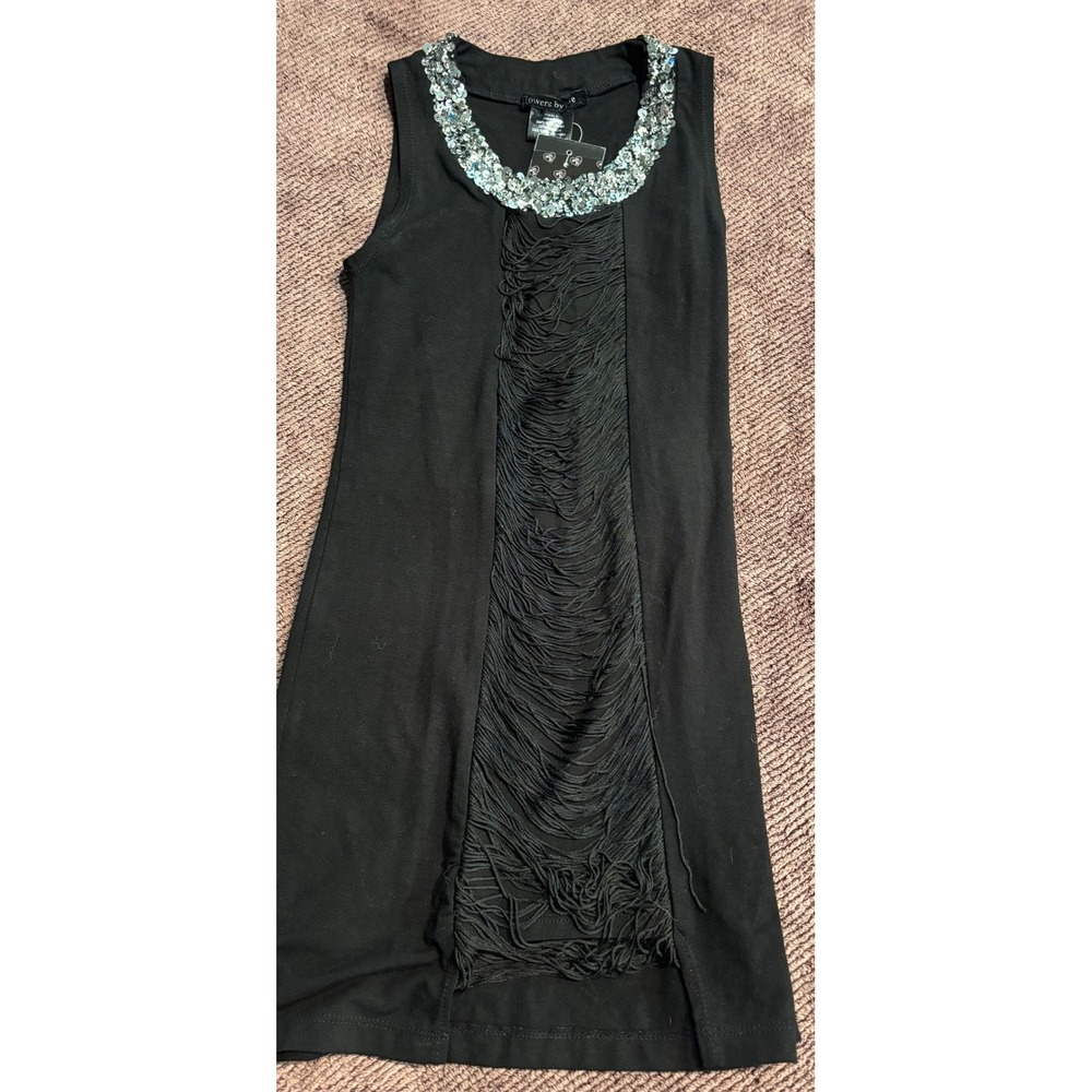 Flowers by Zoe Black Fringe Sequin Neck Mini Dress Junior M Rocker Goth DL115SSQ - Picture 2 of 11